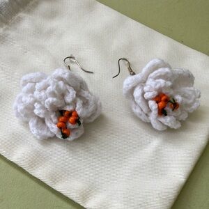 Unique White and Orange Crochet Flower Earrings